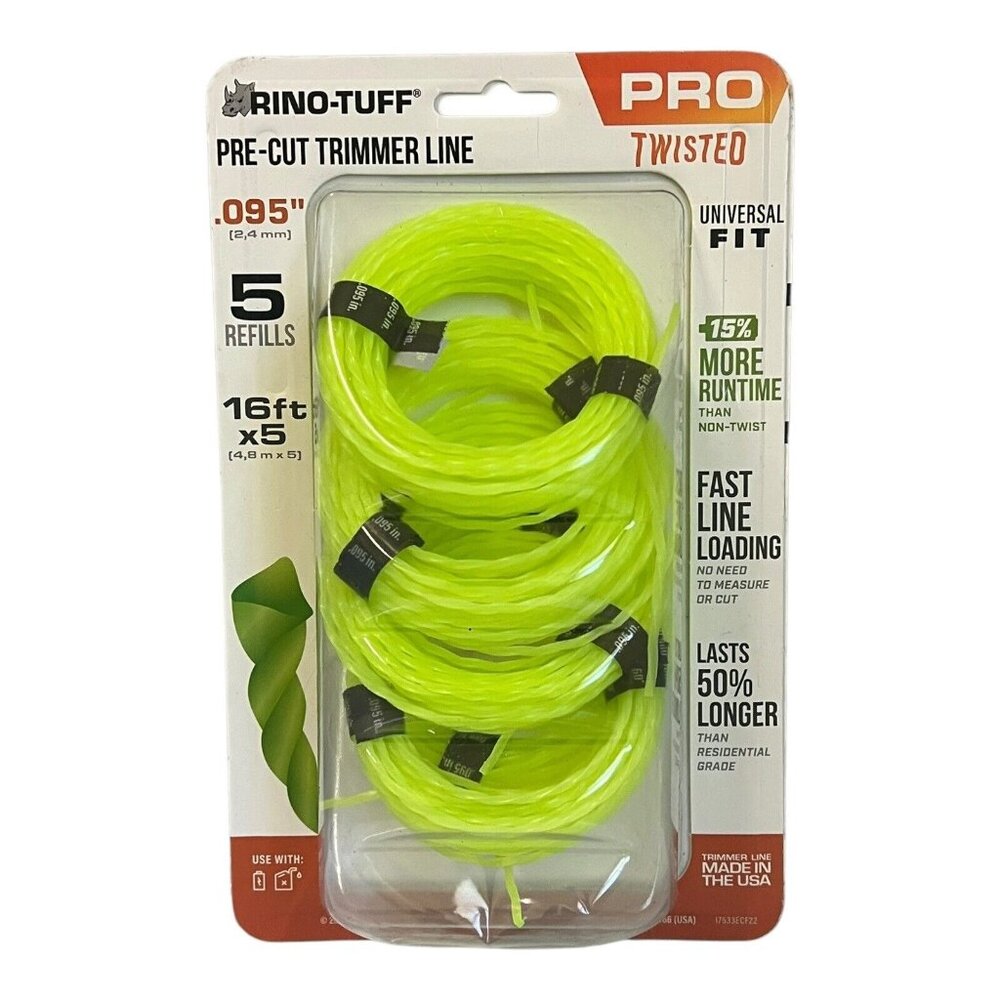 Rino-Tuff Precut Pro Twisted Trimmer Line Universal Fit .095" x 16-ft (5 Pk)